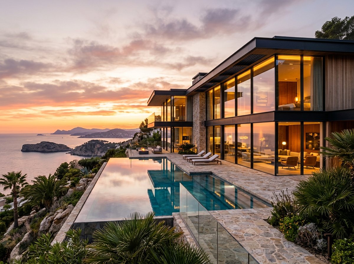 Contemporary hillside residence with infinity pool at sunset